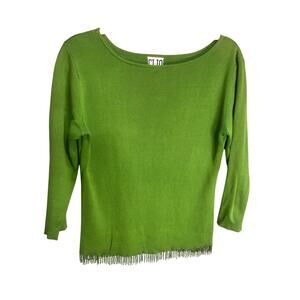 Clio Green Blouse Fringe Silk Cotton Sz M Cocktail Forest Western Coquette Retro